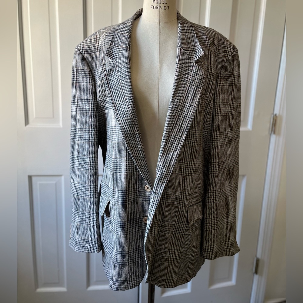 Giorgio Sant’Angelo Men’s Silk and Wool Plaid Cream and Navy Blazer Size 48R